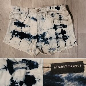 Almost Famous Juniors 5, white and blue tie-dye denim shorts